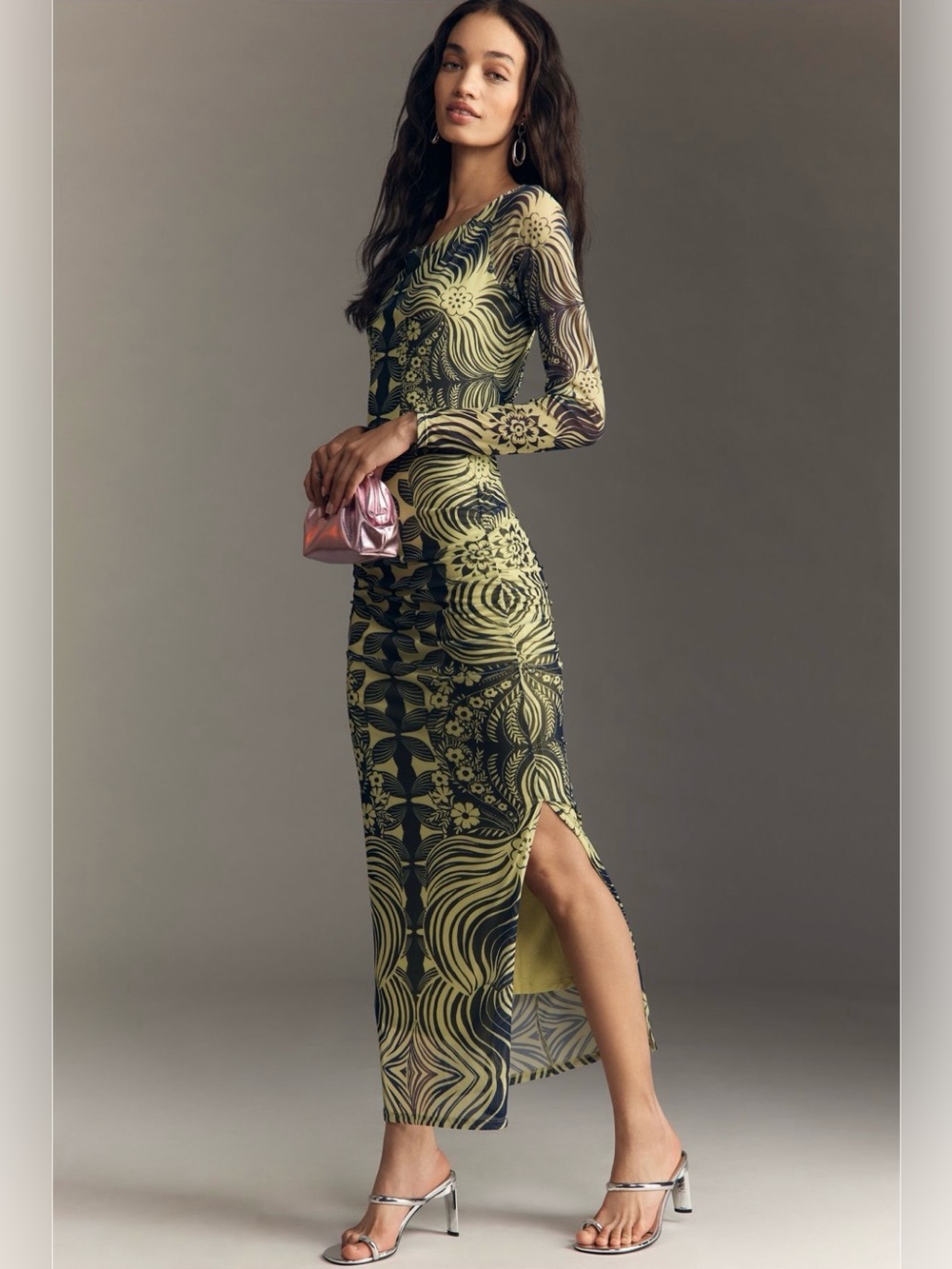 Anthropologie XL Open Back Mesh Maxi Dress Green Abstract Print $148 NWT